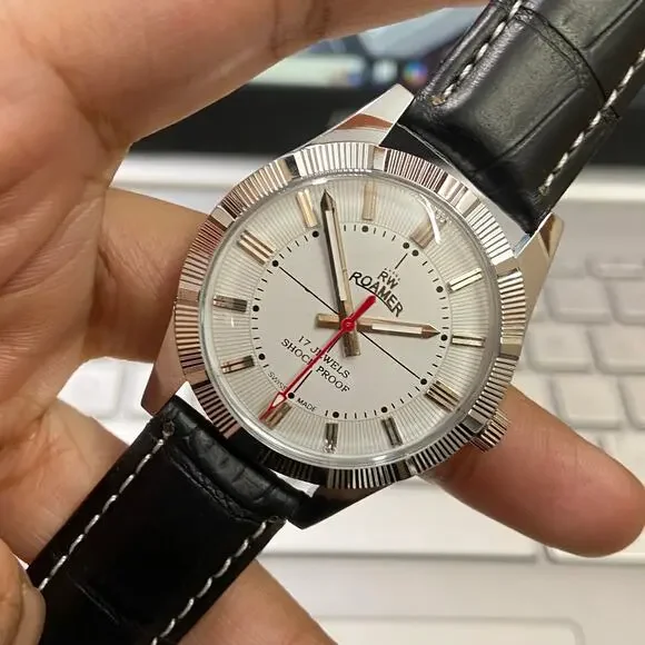 Vintage 1975 Roamer Manual Mens Silver Watch W/Leather Strap & White accents