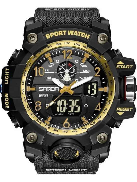 Men's Black Gold Analog Quartz Waterproof Multi Function Tactics Digital Watch