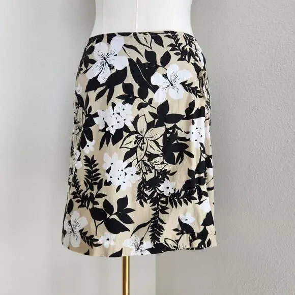 Vintage Y2K Black White Khaki Floral Cotton Wrap Mini Skirt Resort Coastal 14