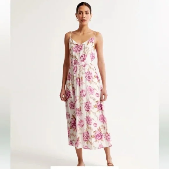 Abercrombie & Fitch Crinkle Textured Smocked Waist Midi Dress