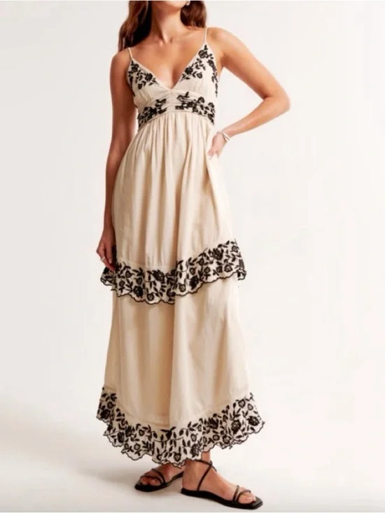 Abercrombie & Fitch Cream tiered Ruffle Maxi Dress- size MEDIUM