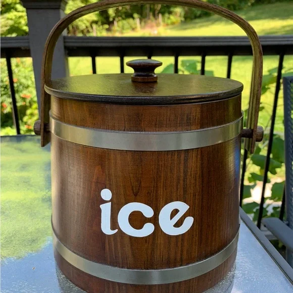 Vintage BASKETVILLE PUTNEY VERMONT Wooden ICE Bucket Holder Lid & Liner EXC COND