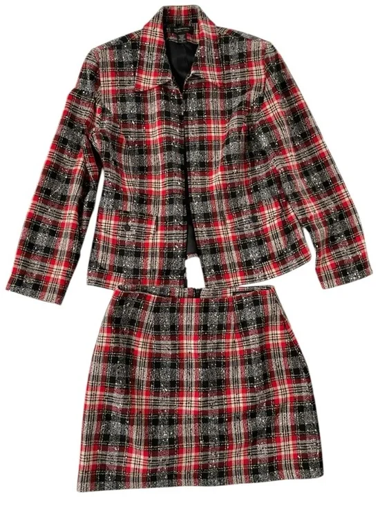 Metro Collection Plaid New York Tweed Suit Jacket Skirt Set Wool Preppy Academia