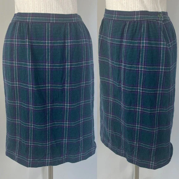 Vintage Pendleton Pencil Skirt Size 12 Blue Purple Tartan Plaid Wool Academia