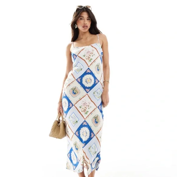 Abercrombie & Fitch slip maxi dress blue tile pattern - medium petite