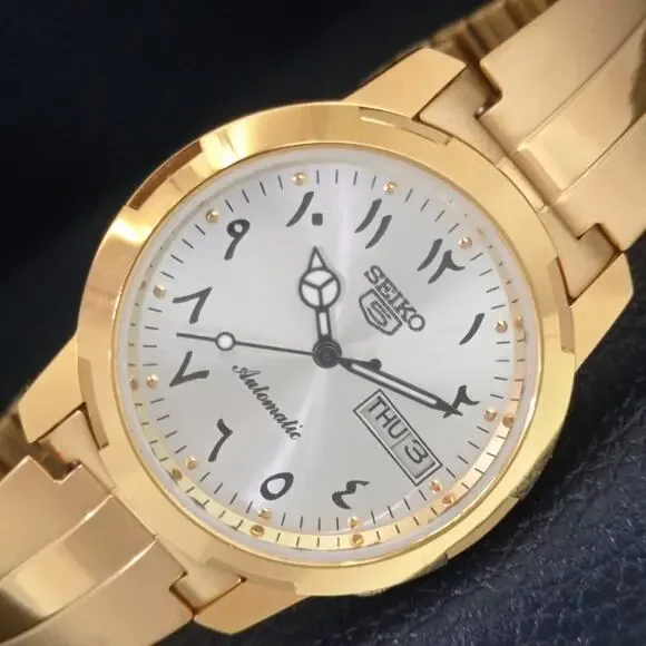 Vintage 1980 Seiko Automatic Mens Gold Watch W/daydate & Arabic accents