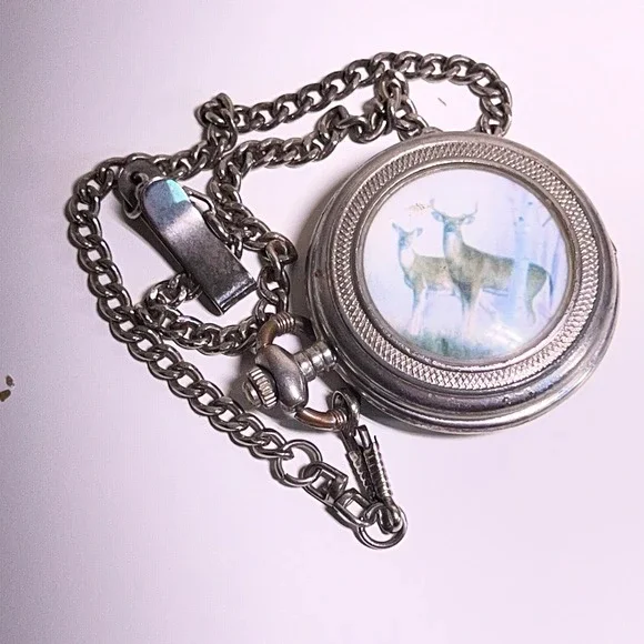 Vintage Deer Wildlife Pocket Watch Silver Tone 49mm Hunter Case Chain Untested