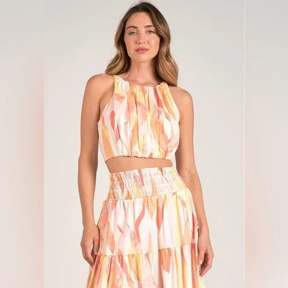 Elan Coral Print Amalfi Crop Halter Top & Smocked Skirt Set S