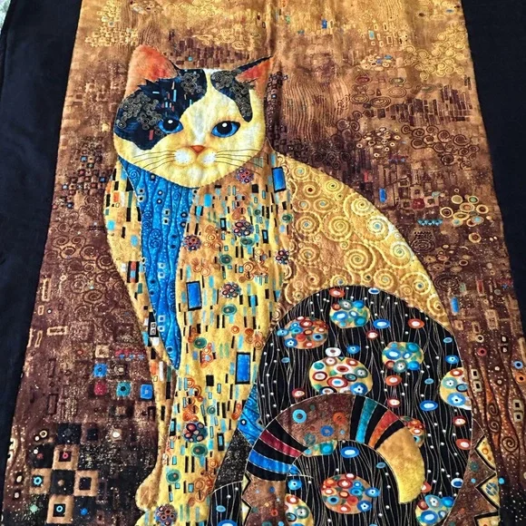 Hand Quilted Pre Printed Panel Klimt Inspired Cat Lap Quilt or Wall Hanging