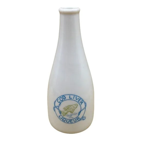 Vintage Cod Liver Liqueur White 6” Bottle Fish Logo Apothecary