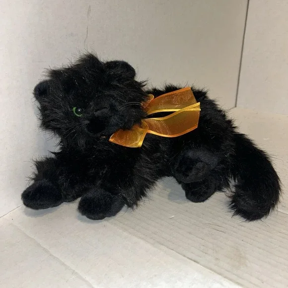 Ty Classic Moonstruck Black Cat Kitten Plush Green Eyes Orange‎ Bow Furry P2