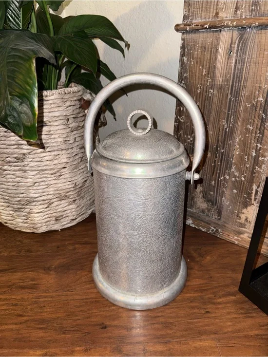Lrg. Vtg. Ice Bucket Wine Cooler Art Deco Hammered Aluminum & Ceramic Liner 15”