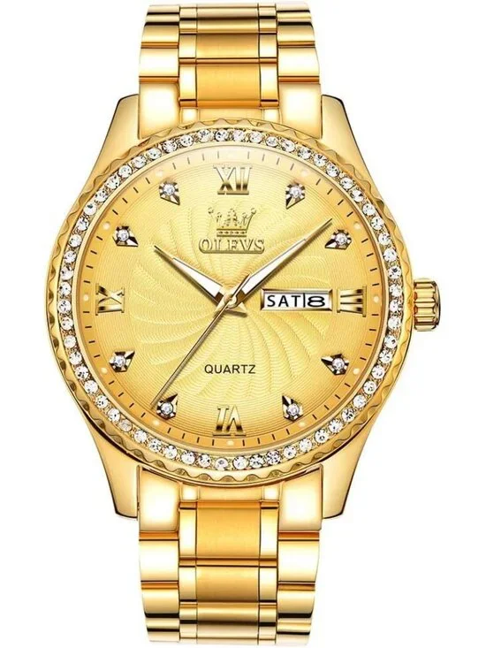 Men's All Gold Stainless Steel Analog Quartz Classic Waterproof Diamond Watch