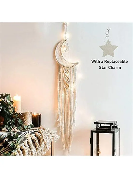 Boho Macrame Woven Wall Hanging, Crochet Crescent Moon Star Dream Catcher