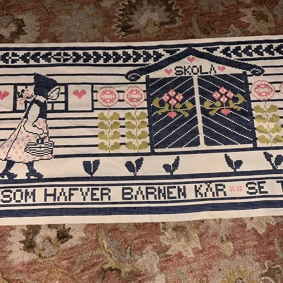 Vintage Norwegian embroidered wall hanging 78” x 26” handmade tapestry