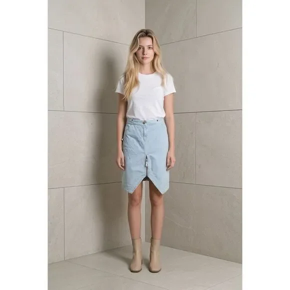 Fake London Genius Light Blue Cotton Zip Front Midi Skirt Vintage Style Boho Pun