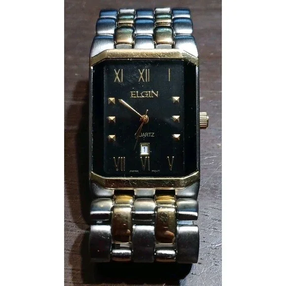 Men's ELGIN Classic Two-Tone Black Dial, Steel Bracelet Quartz Watch, Date, 25mm