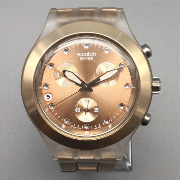 Swatch Irony Diaphane Men Watch 42mm Full Blooded Caramel Swiss New Battery 6.5