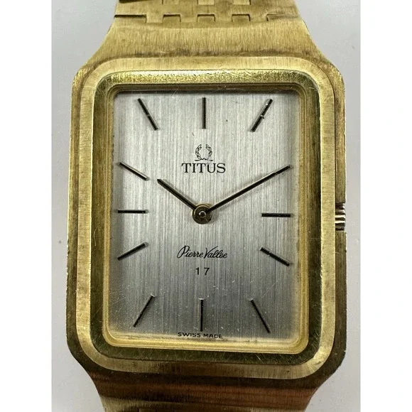 Titus Pierre‎ Vallee Mens Tank Watch Manual Wind Works Swiss Made Gold Tone B20