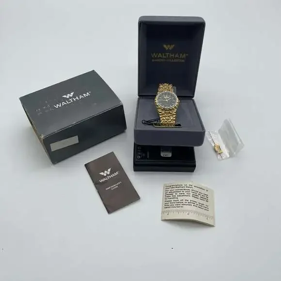 Vintage Waltham‎ Diamond Collection Gold Tone Nugget Watch with Box and Papers