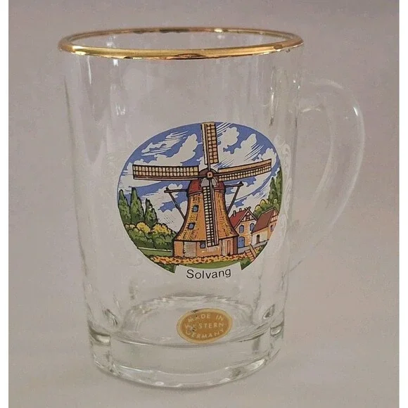 Rare Vtg Solvang California Windmill Souvenir Shot Glass Danish - Themed Gold
