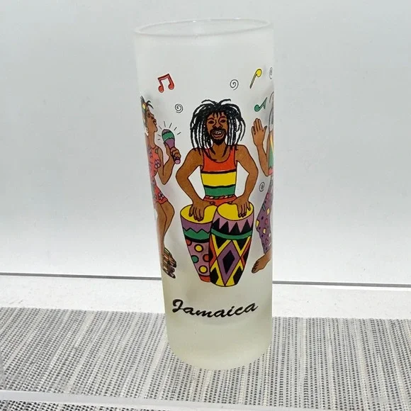 Jamaica Frosted Glass Shooter Shot Glass Souvenir Caribbean Musicians Dancers