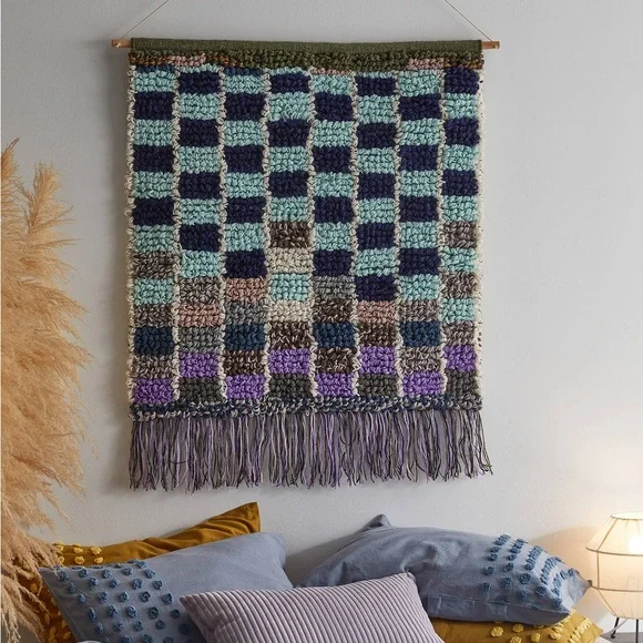 Large Urban Outfitters Queen of Hearts Checkerboard Looped Shag Tapestry