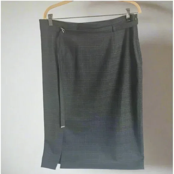 MAX MARA Midi Skirt Large Green Plaid Wool Blend Straight Belt IT48 US18 Lined