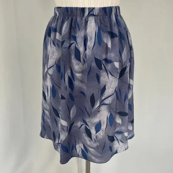 Vintage Mini Skirt Size 12P 12 Petite Blue Abstract Leaf Print A Line Boho 90s