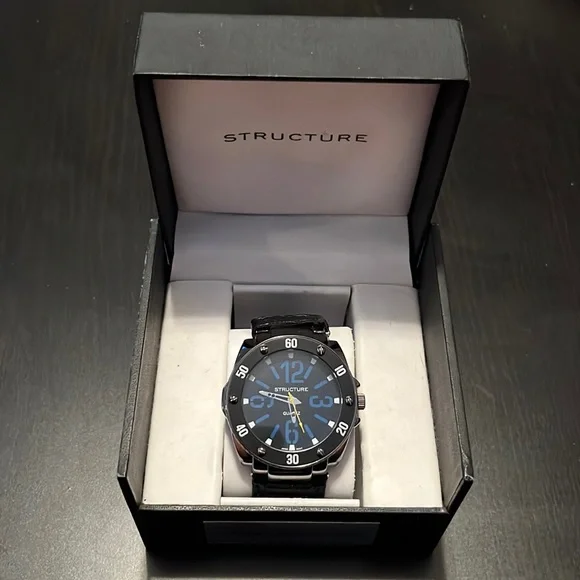 Large Face Black & Blue Structure Watch, New in Box - some defects, see photos