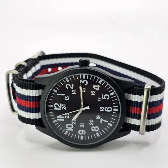 Men's Military Field Watch 42MM Black Case Black Dial Multicolor‎ Canvas Band