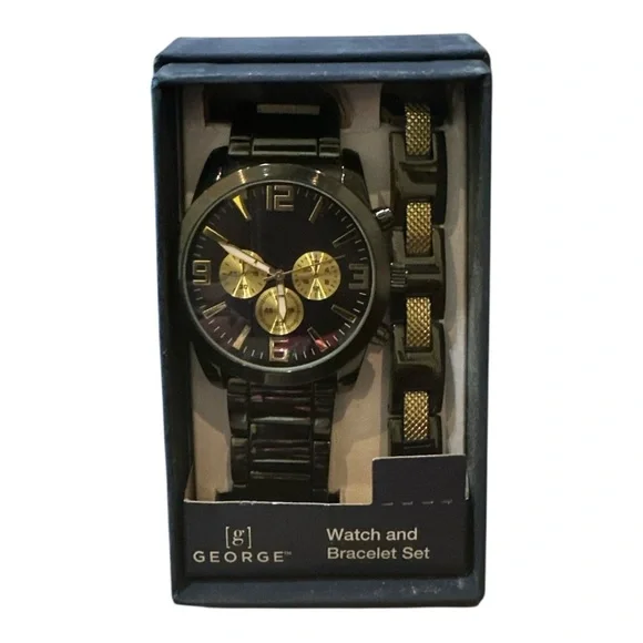 George Men’s Black & Gold Watch and Bracelet Set – Stainless Steel Style