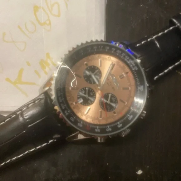 New Breitling Silver Case Avaitor Watch with Copper Dial and Black Strap