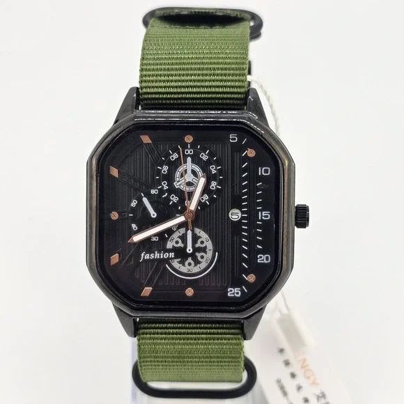 Men's Watch‎ 42MM Black Dial Black Case Date Army Green Canvas Band New Battery