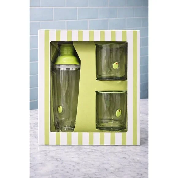 New Glass Blown Olives Martini Cocktail Shaker W/ 2 Glasses Barware Tumbler Set