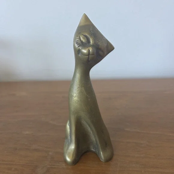 Vintage Brass Cat Figurine Sitting Retro MCM Style 6
