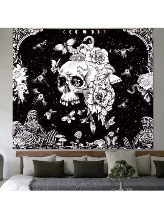 51×60 Inch Black White Gothic Skull Moth Moon Floral Wall Tapestry
