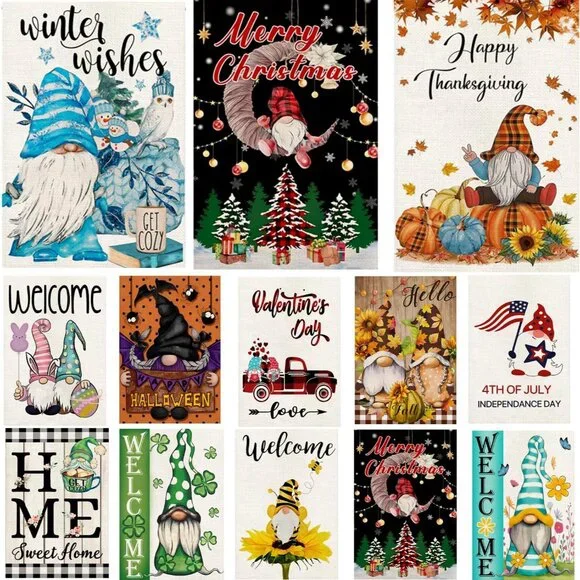 Charming Gnome Seasonal Yard Flags Set of 12 - 12x18 for Indoor & Outdoor Use