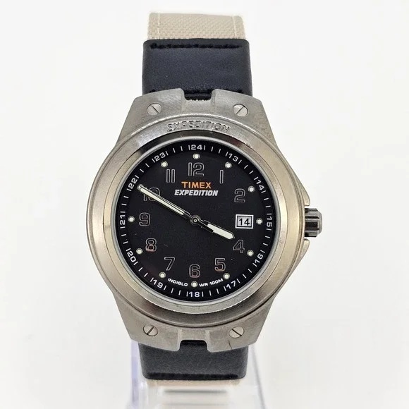 TIMEX Expedition 40MM Men Watch Black Dial Date NEW Tan Canvas Bands NEW Battery
