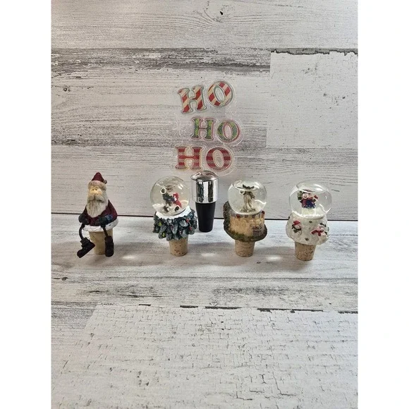Christmas Wine Bottle Stopper Set 5pc Snow Globe Santa Nativity Light Up Holiday
