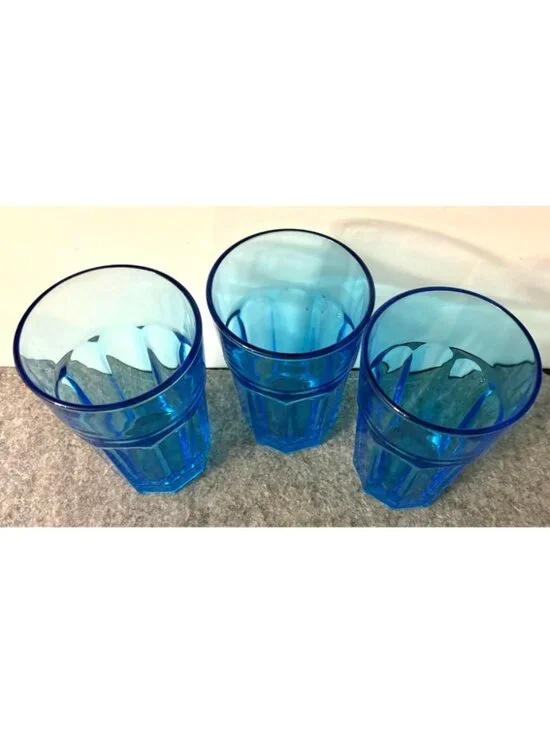 3 Ikea Pokal Teal Blue Paneled glass Tumblers 12oz. # 3390