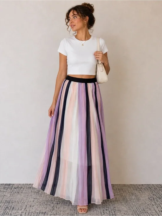 Striped Pastel Tulle Maxi Skirt - White/Pink/Lilac