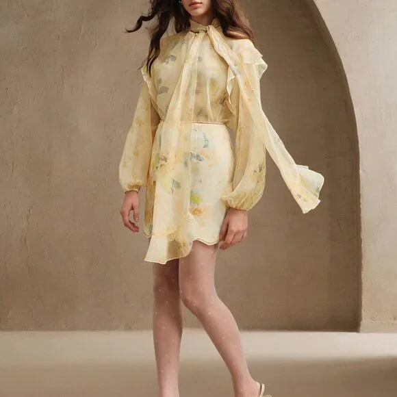 Yellow Elegant Women's French Floral Print High Waist Skirt