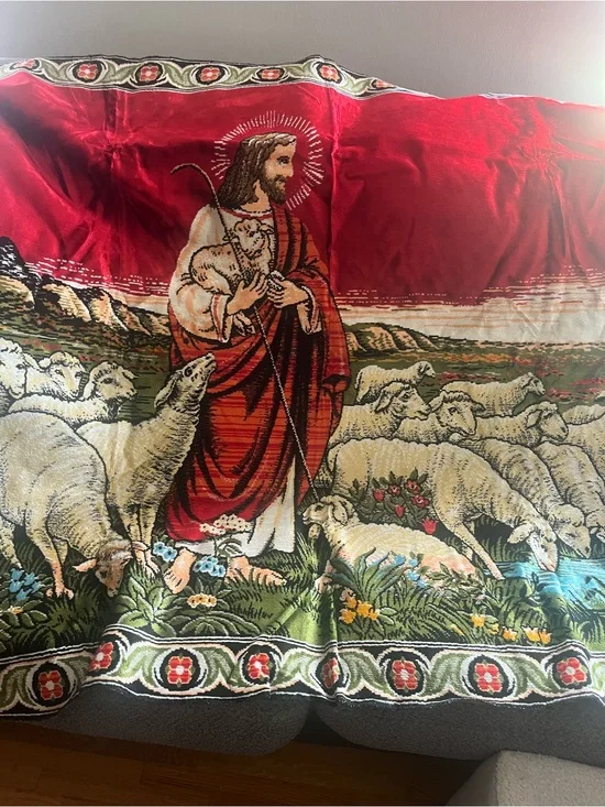 Amazing VinyReligious Shepherd Tapestry in Red and Cream