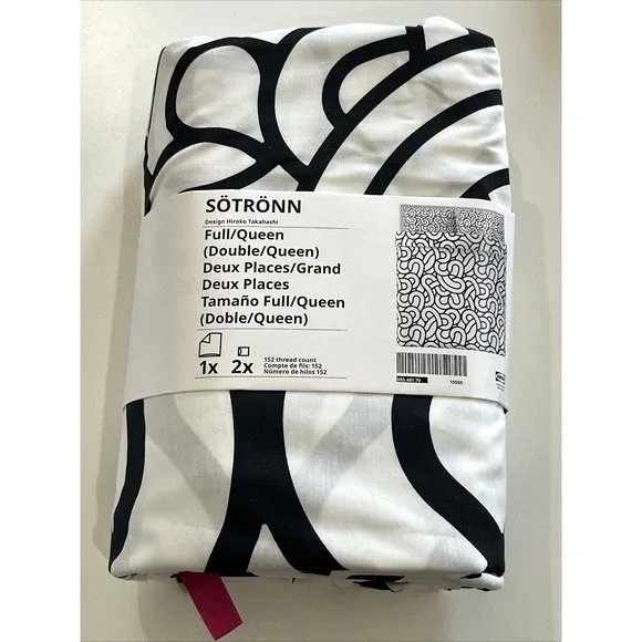 Ikea Sotronn Full/Queen Duvet Cover + 2 Pillowcases, white/black/patterned New