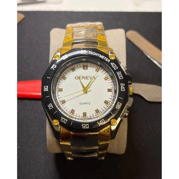 Geneva Quartz Watch Mens OS Gold Silver Two-Tone‎ Tachymeter Bezel