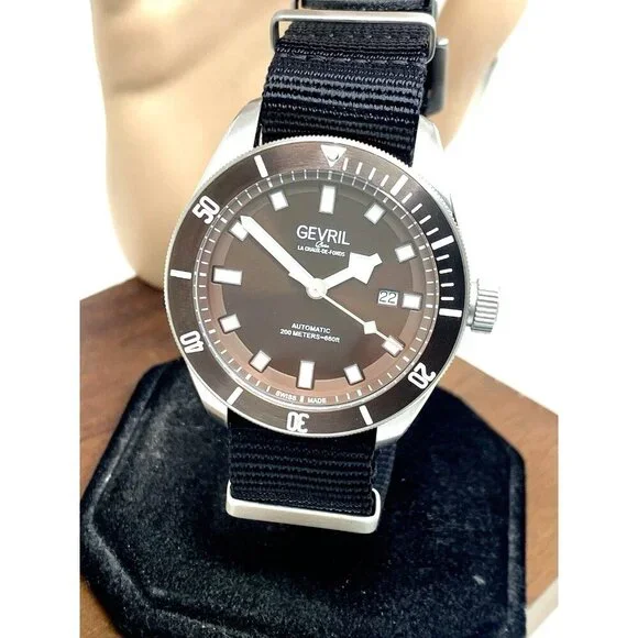 Gevril Men's Watch 48607N Yorkville Swiss Automatic Brown Dial Diver Nylon 43mm