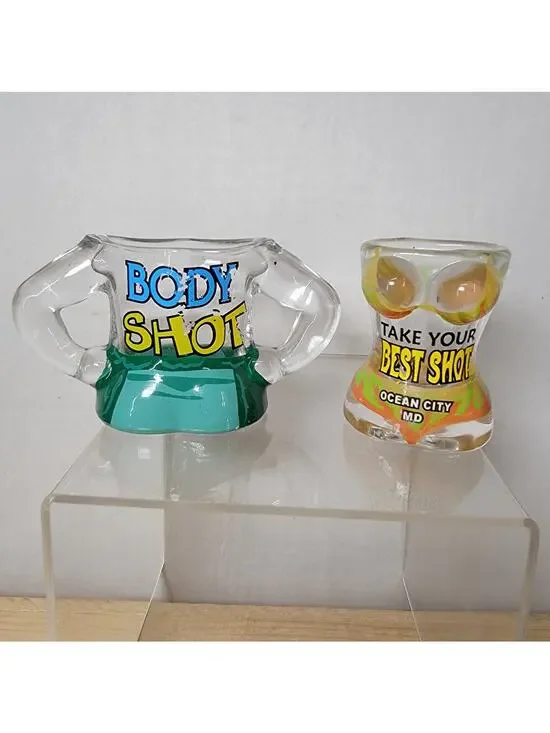 Set of 2 Ocean City MD Shot Glasses: Male / Female Beach Bodies