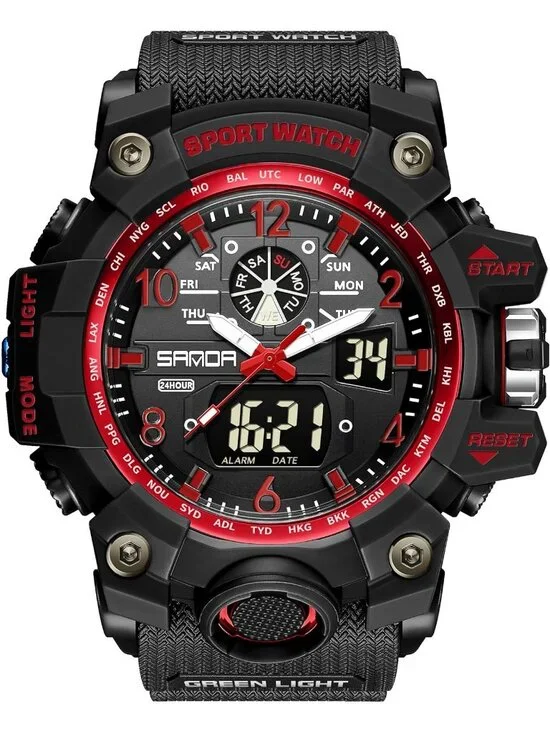 Mens Black Red Analog Quartz Waterproof Multi Function Tactics LED Digital Watch