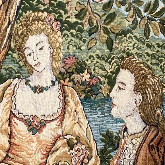 Tapestry rod hanging wall display goblin cherubs lady gentleman play mandolin